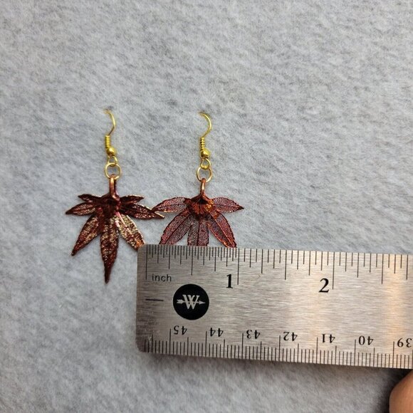 Bronze Tone Leaf Earrings Natures Jewelry Japanese Maple Dangle Fish Hook Unique - Picture 6 of 8